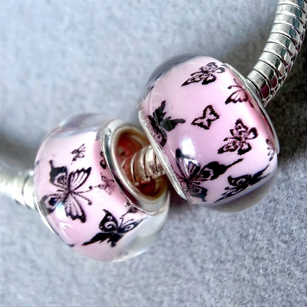 2 PCs Pink Butterfly European Bead Charm fits PANDORA
